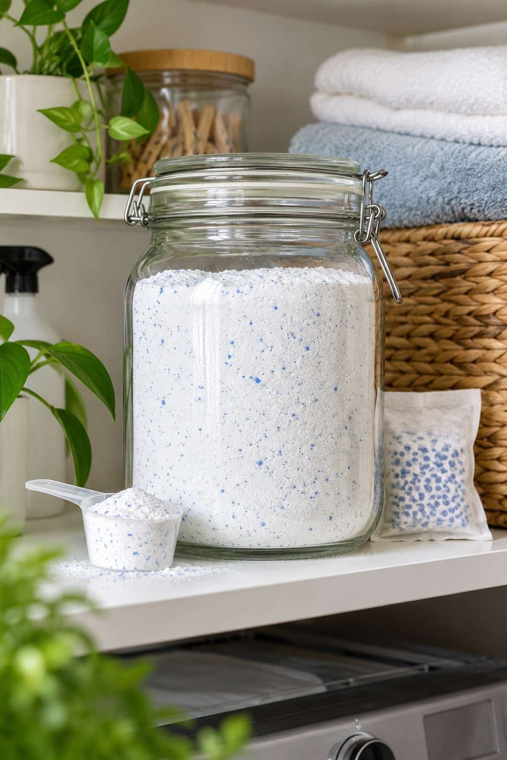 Sealed jar of homemade laundry powder with scoop stored on a shelf