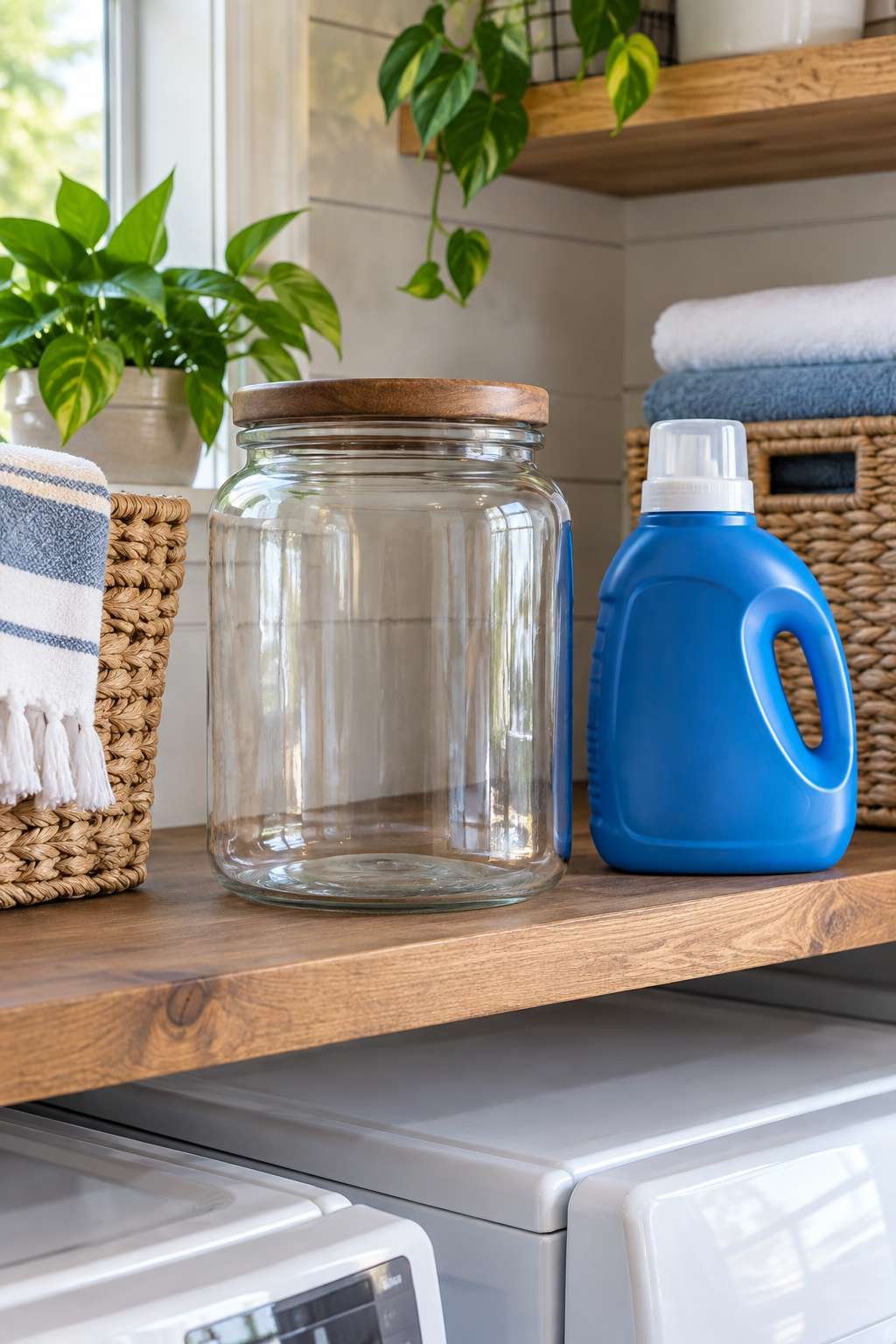 Empty homemade laundry soap jar beside a backup store-bought detergent container