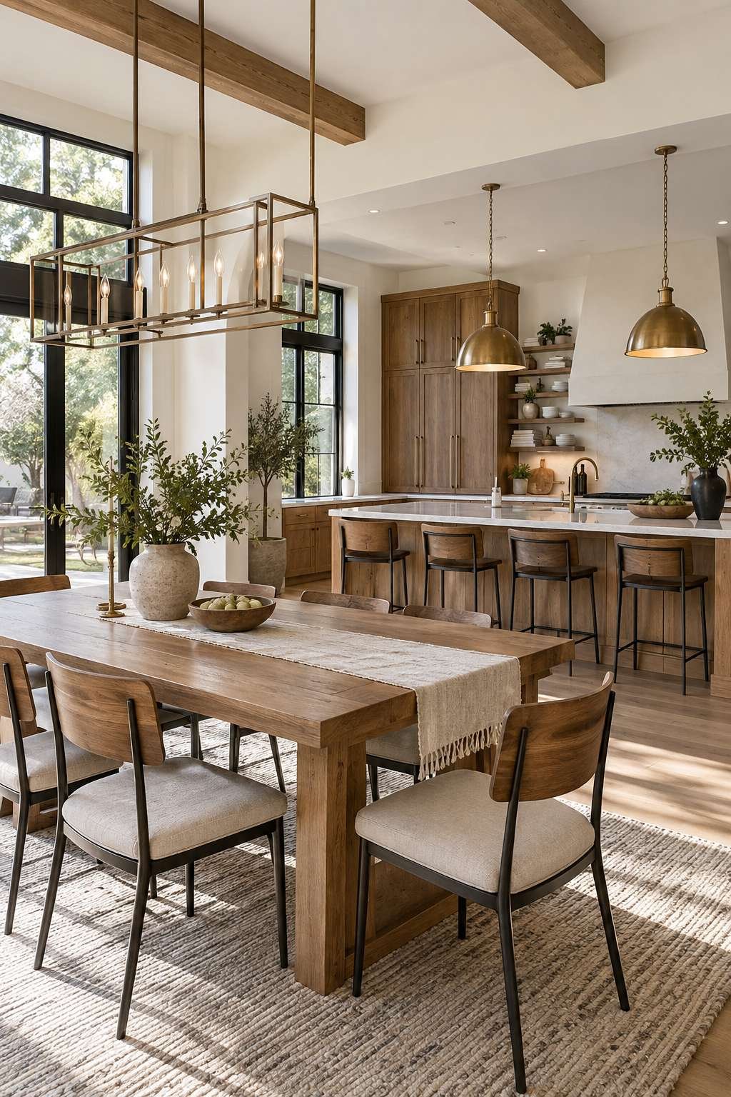 Kitchen table and island coordinated with matching wood and metal tones