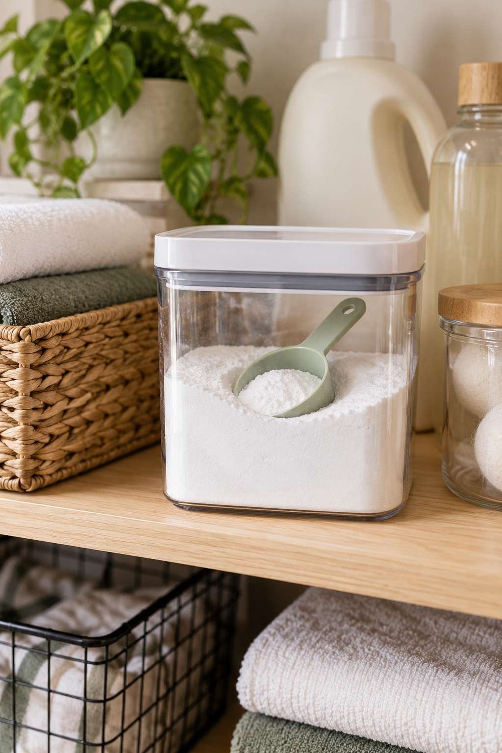 Measuring cup stored inside a sealed baking soda container