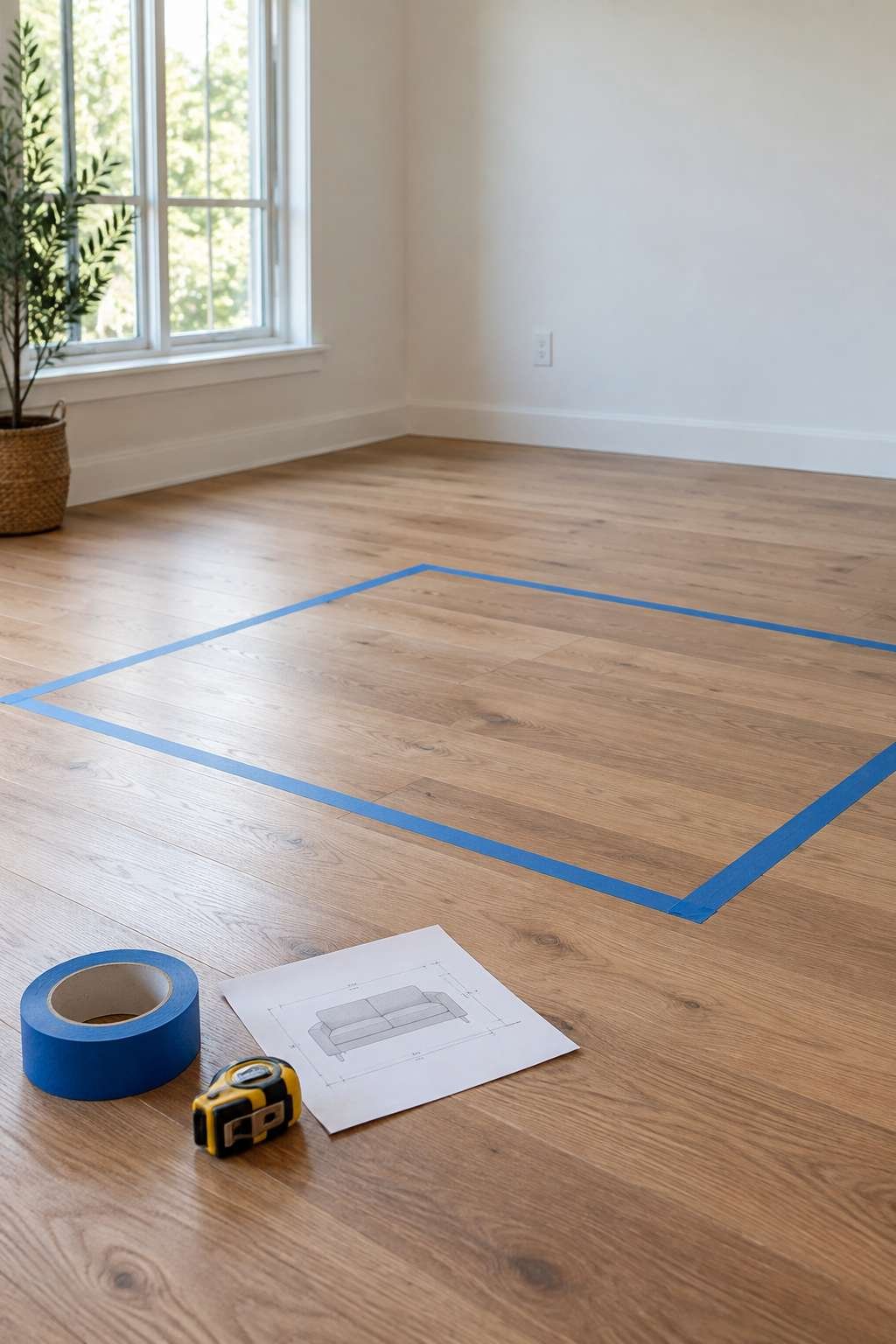 Painter's tape outlining a furniture footprint on the floor before buying