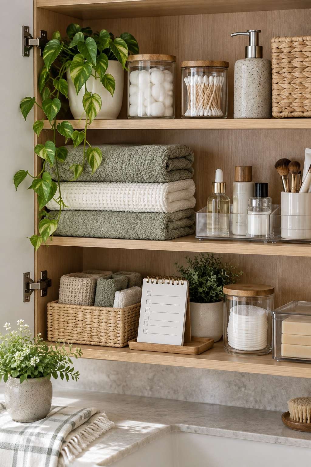 Well-maintained organized bathroom cabinet with a seasonal maintenance checklist