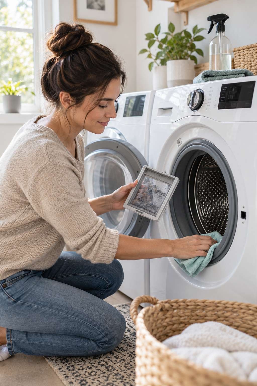 Cleaning a washing machine lint trap as part of routine maintenance