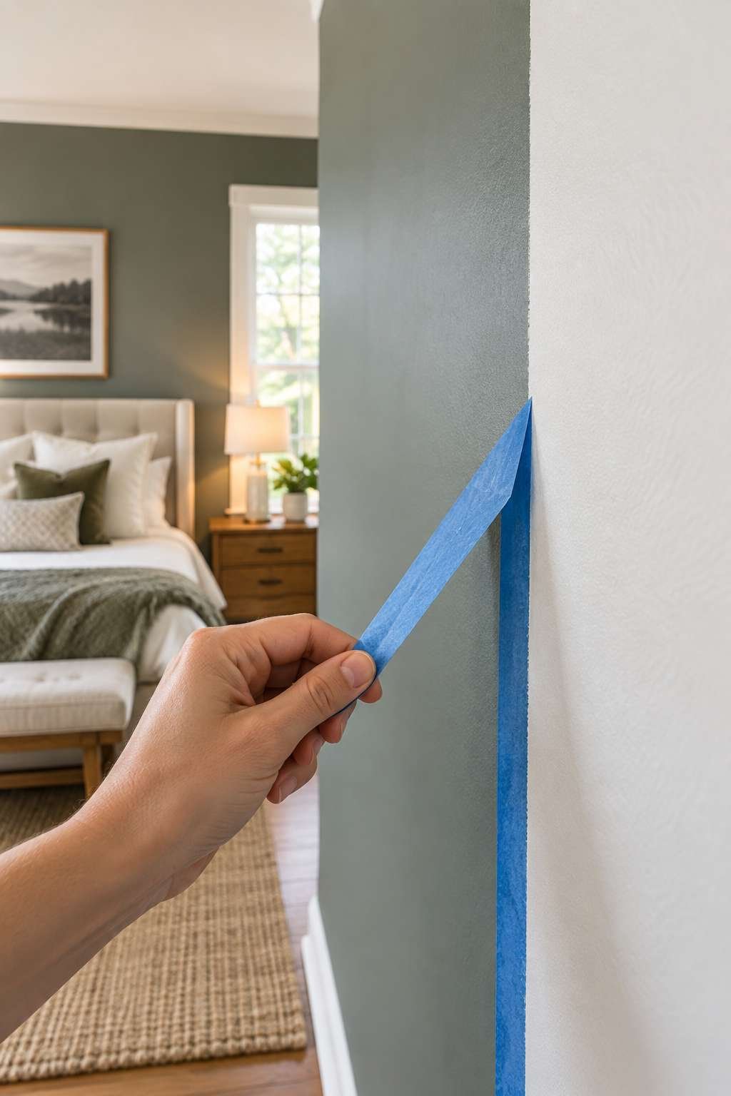 Removing painter's tape from a freshly painted bedroom wall