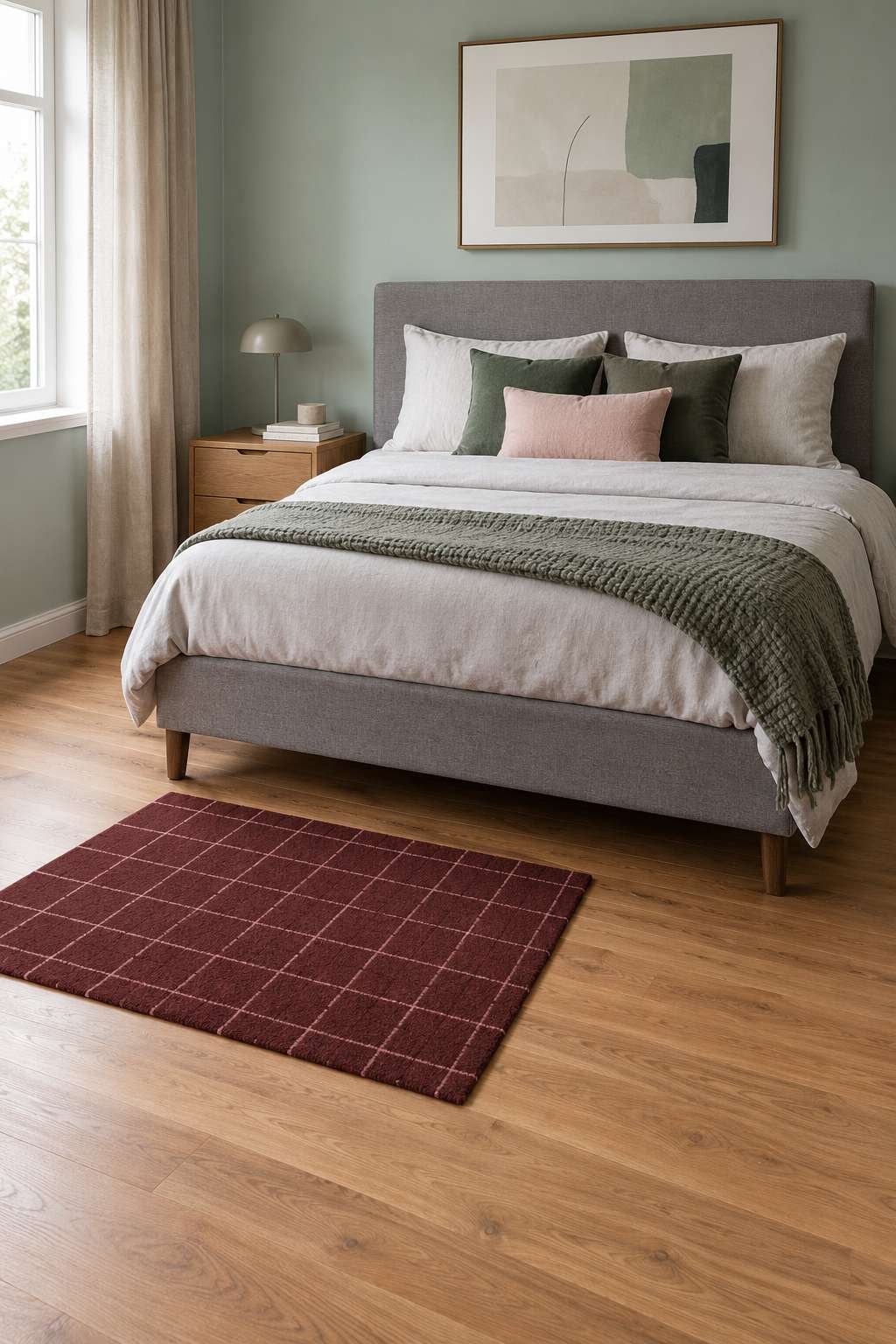 Example of a rug placed off-center and too small for the bed