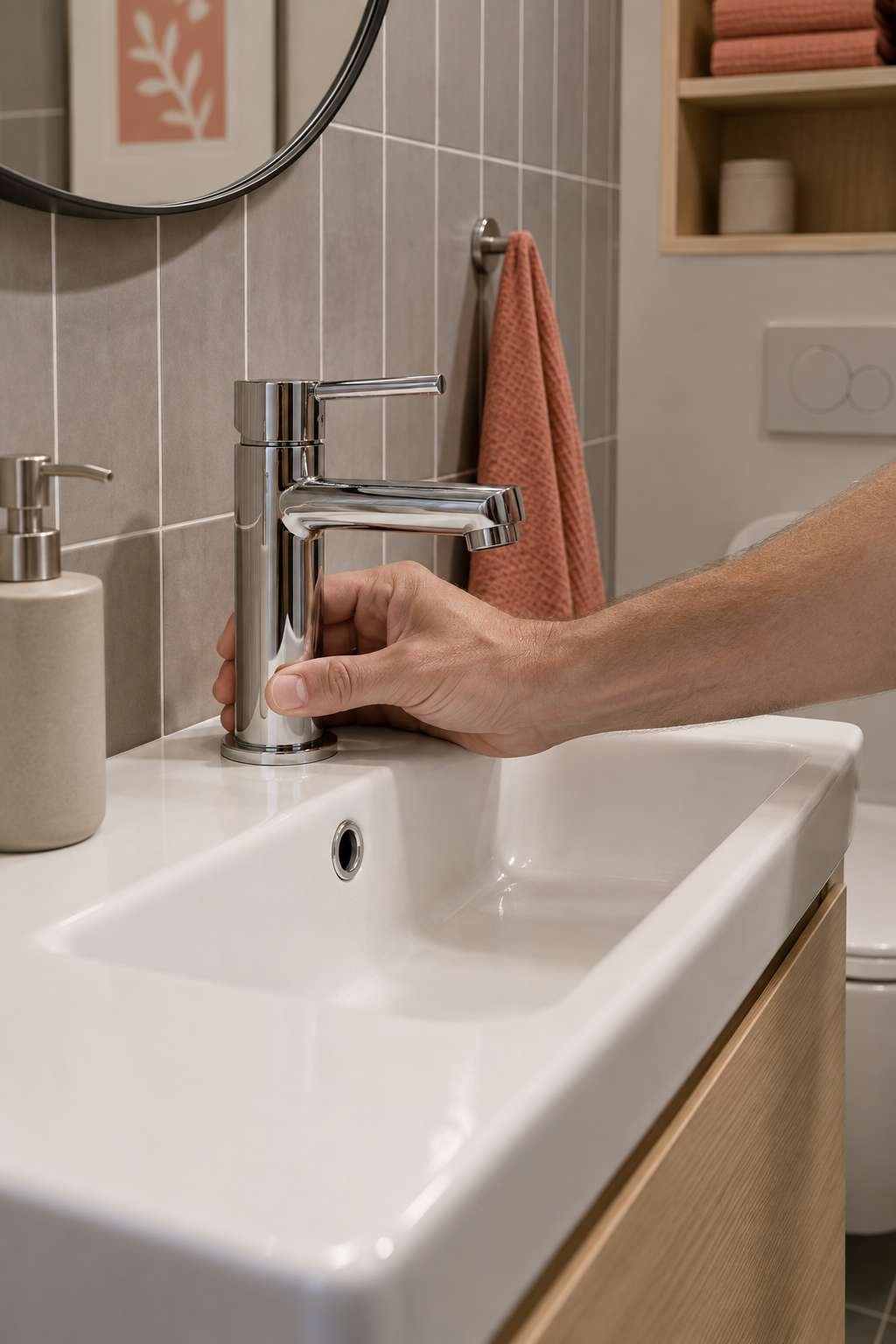 Checking a newly installed bathroom faucet base for stability