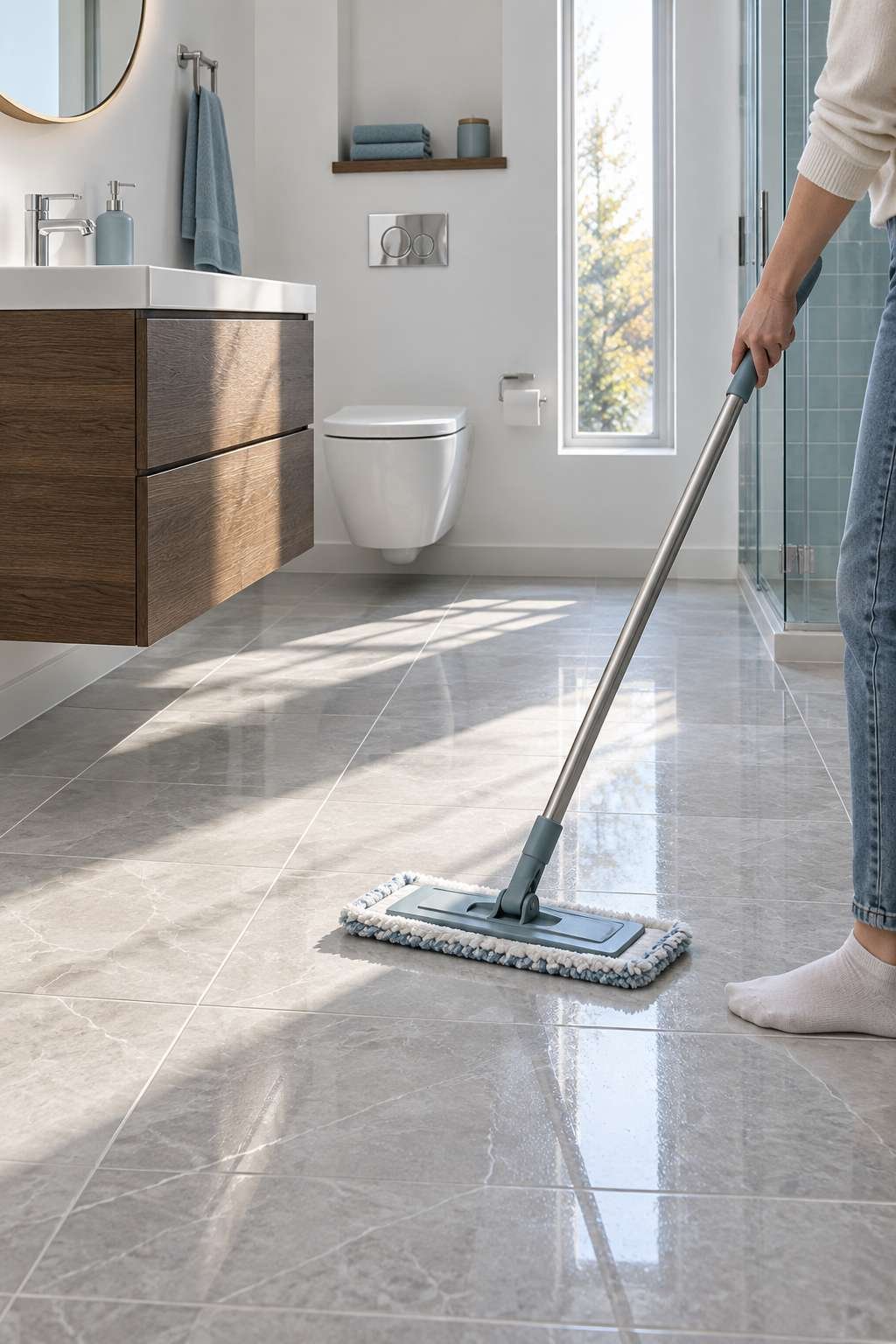 Mopping a finished tiled bathroom floor to keep it clean