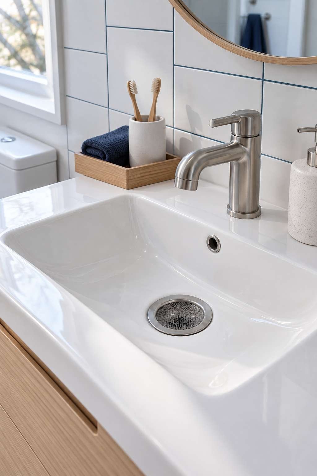 Pouring gel chemical drain cleaner into a bathroom sink drain
