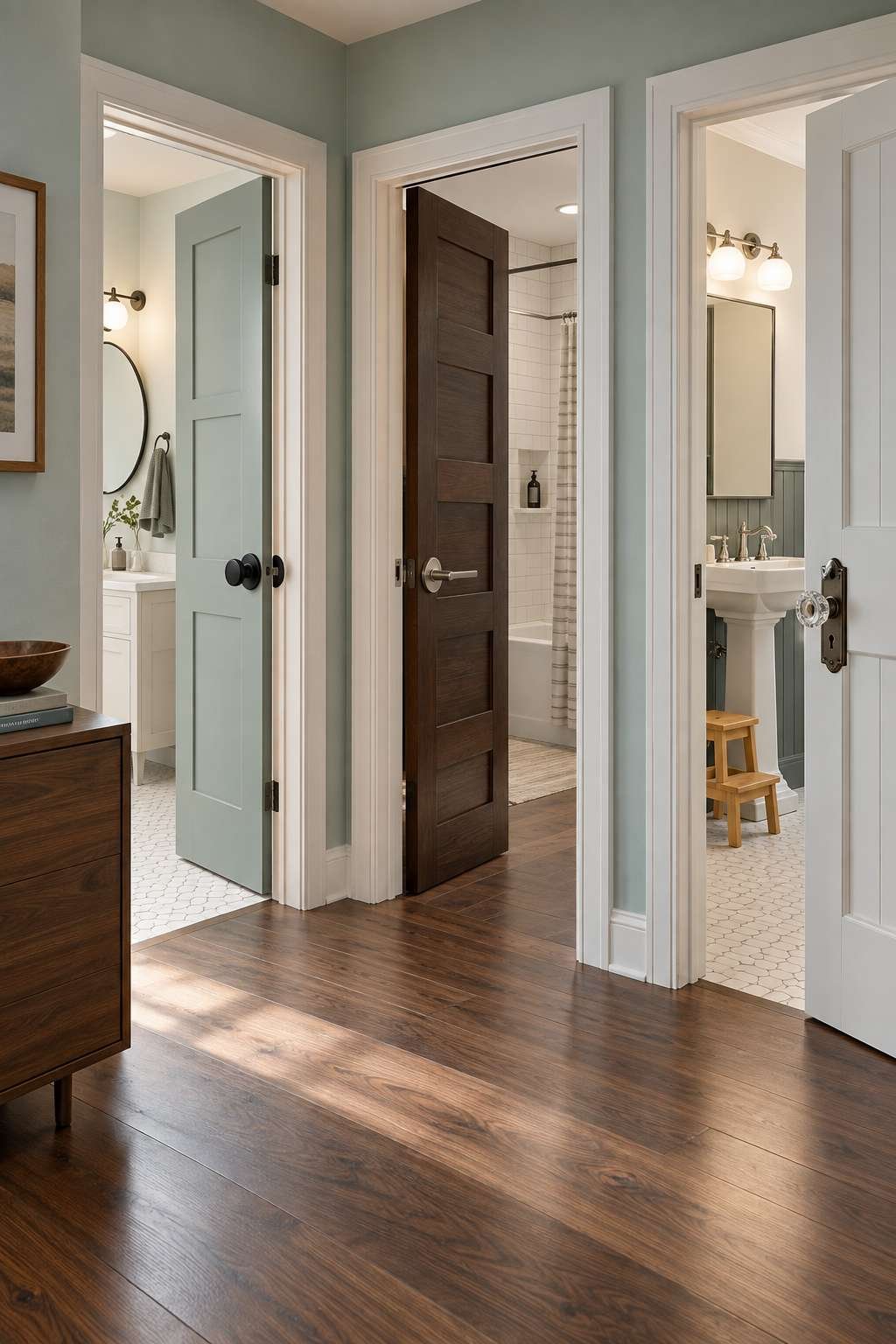 Hallway showing several bathroom doors with different lock styles