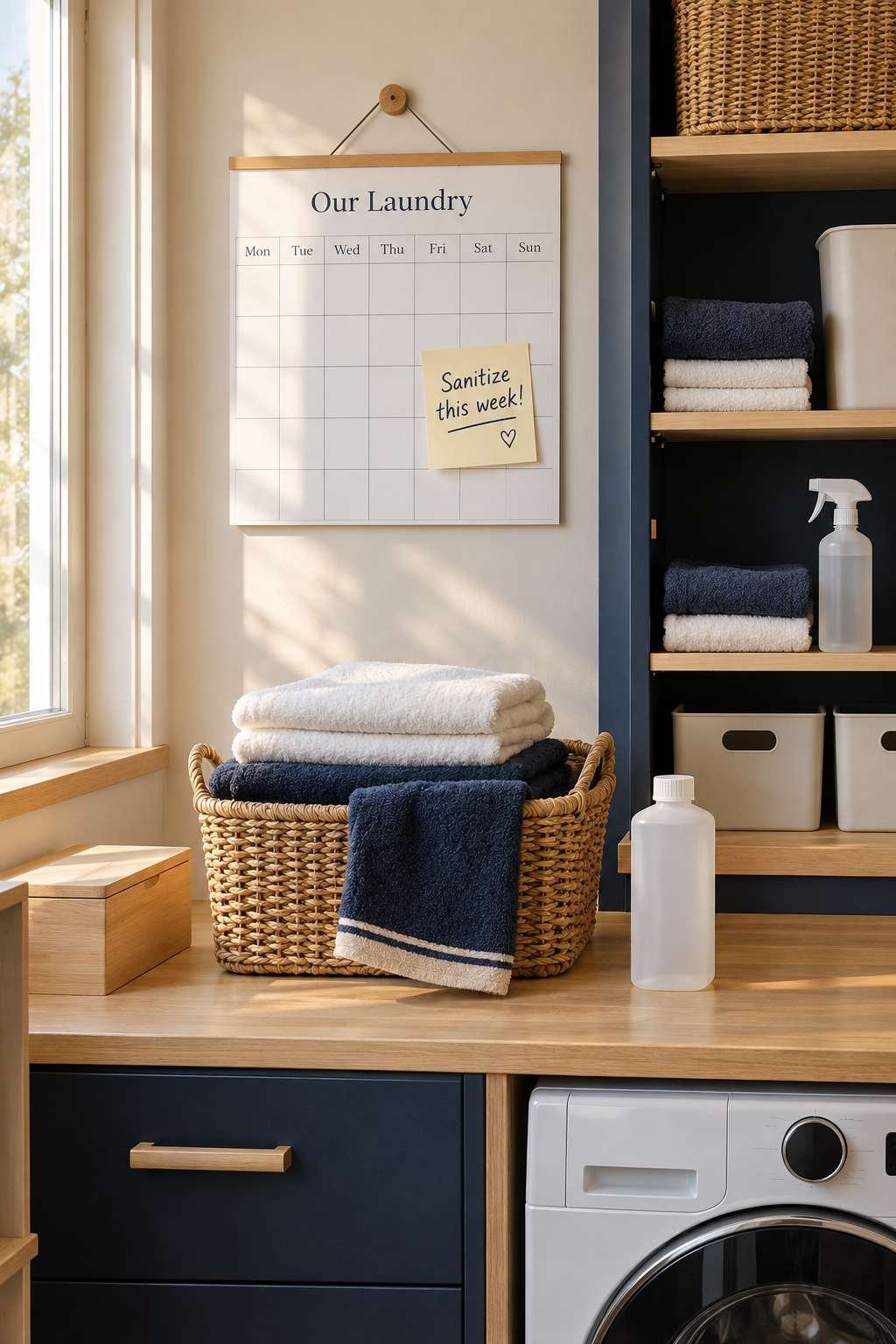 Weekly laundry sanitizing reminder on a household calendar