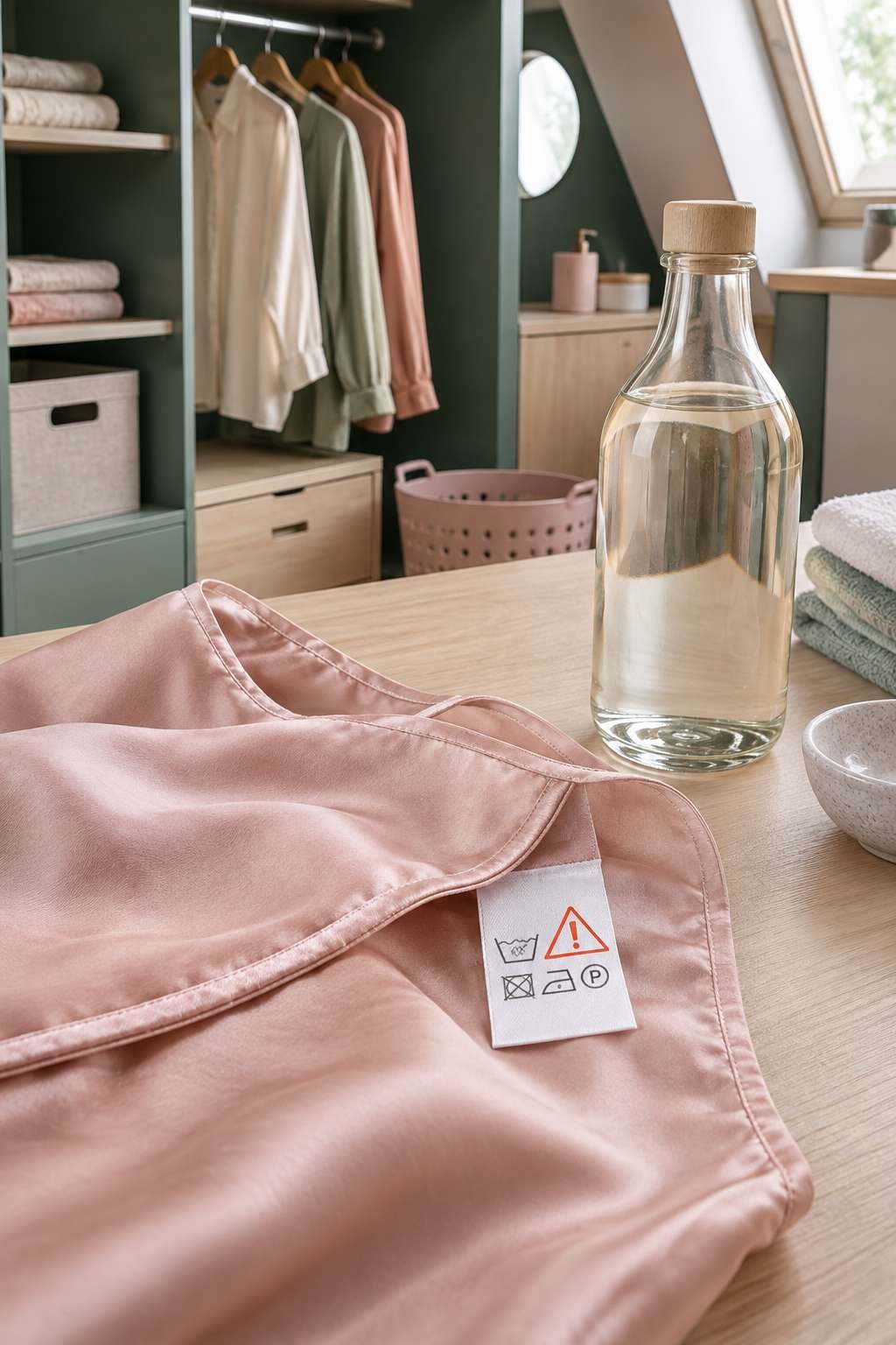 Delicate silk fabric beside a vinegar bottle illustrating fabric care precautions