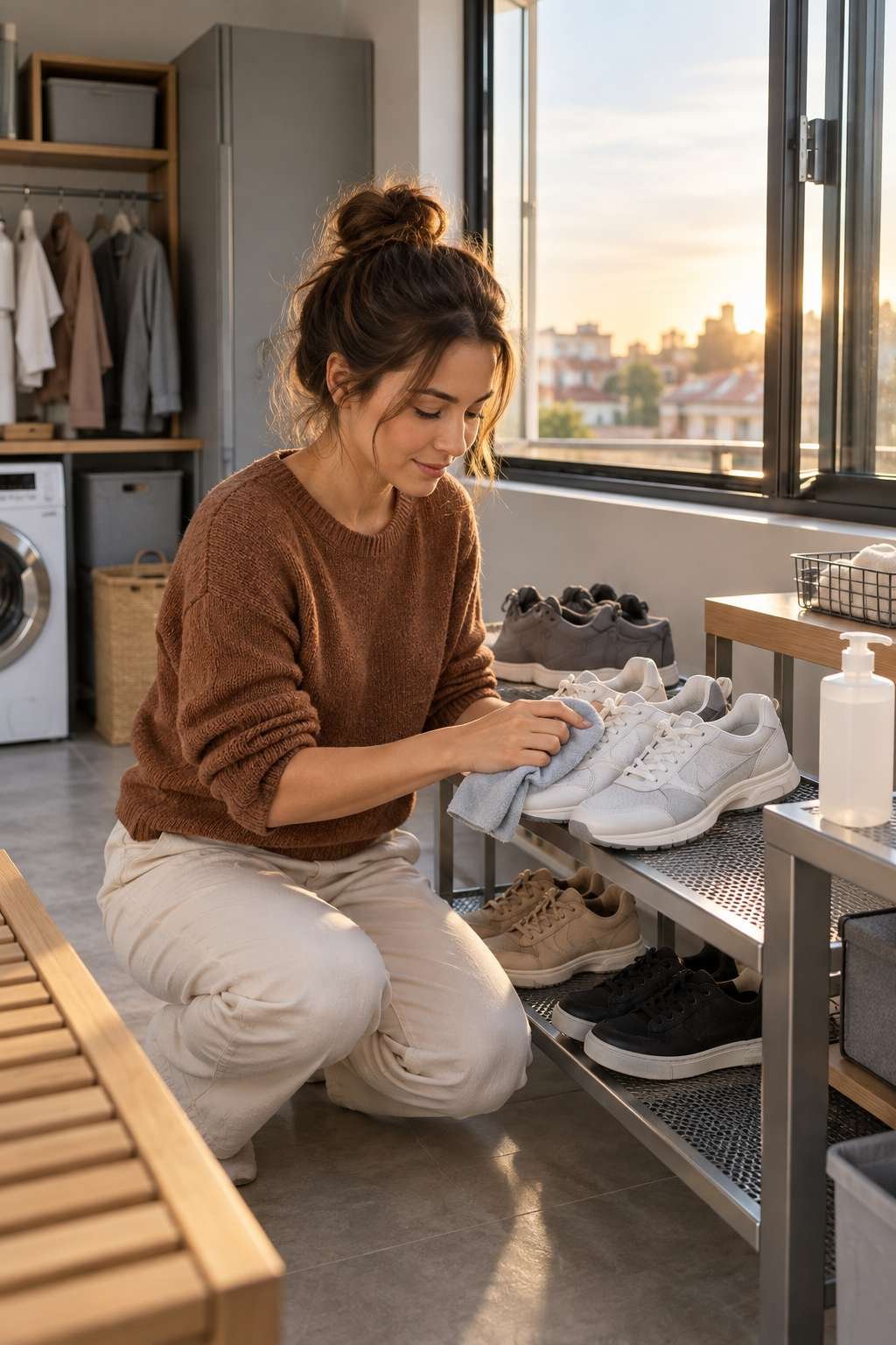 Sneakers airing out on a rack as part of routine maintenance