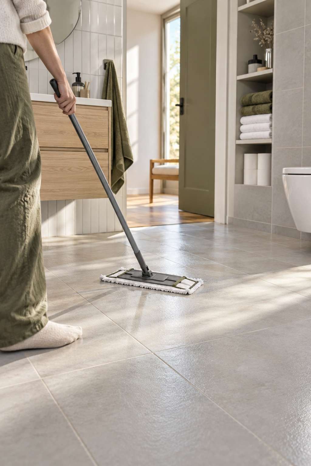 Mopping a clean bathroom floor as the final step of washing the bathroom
