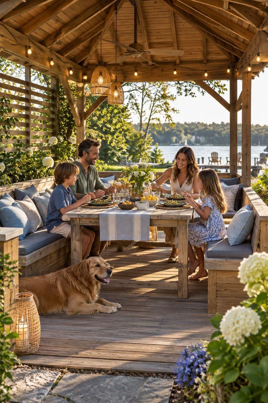 Family gathered in a wooden gazebo illustrating the right gazebo choice for a home