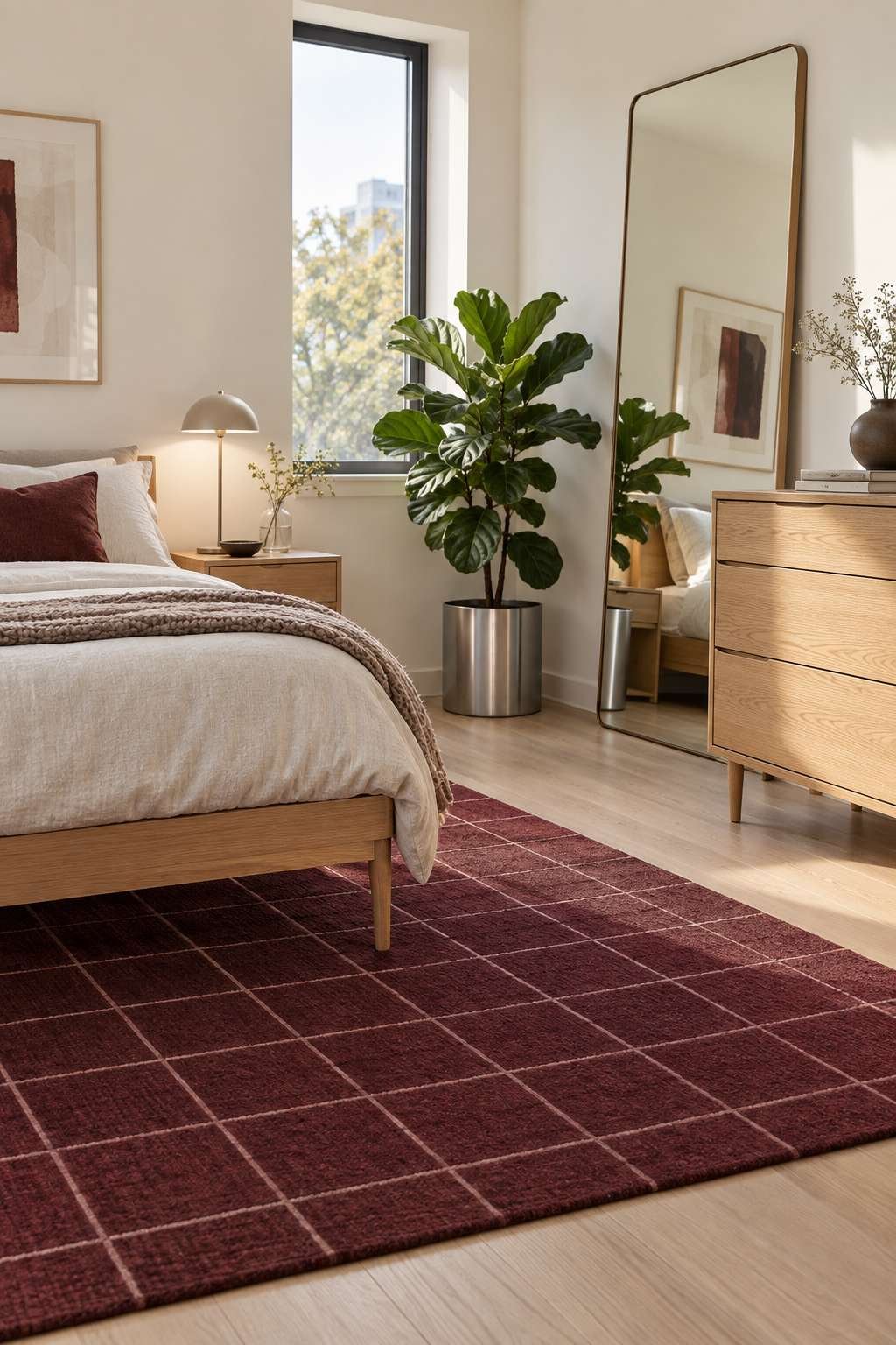 Average-size bedroom styled to feel larger with mirrors and light colors