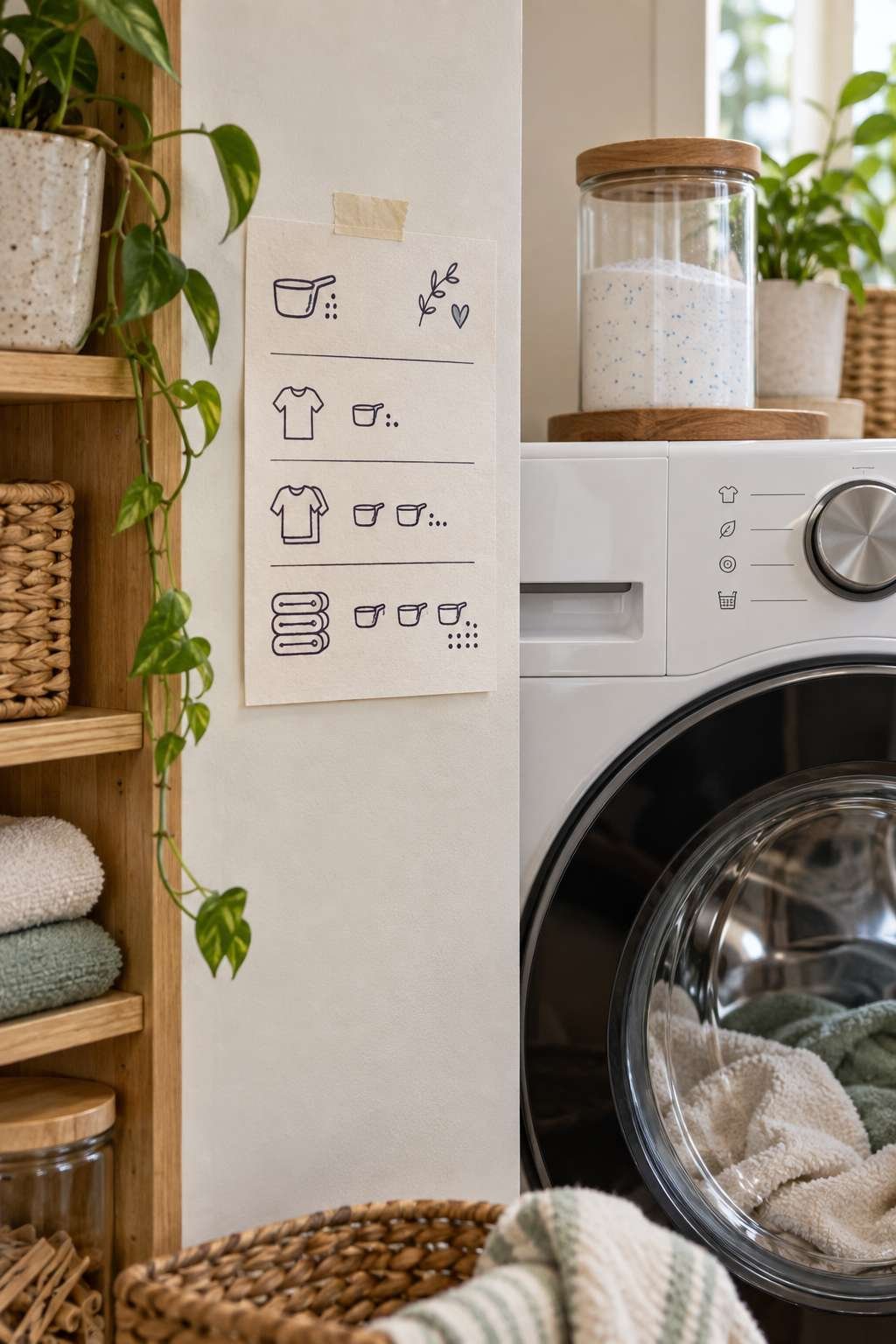 Reference note for detergent dosing taped near a washing machine