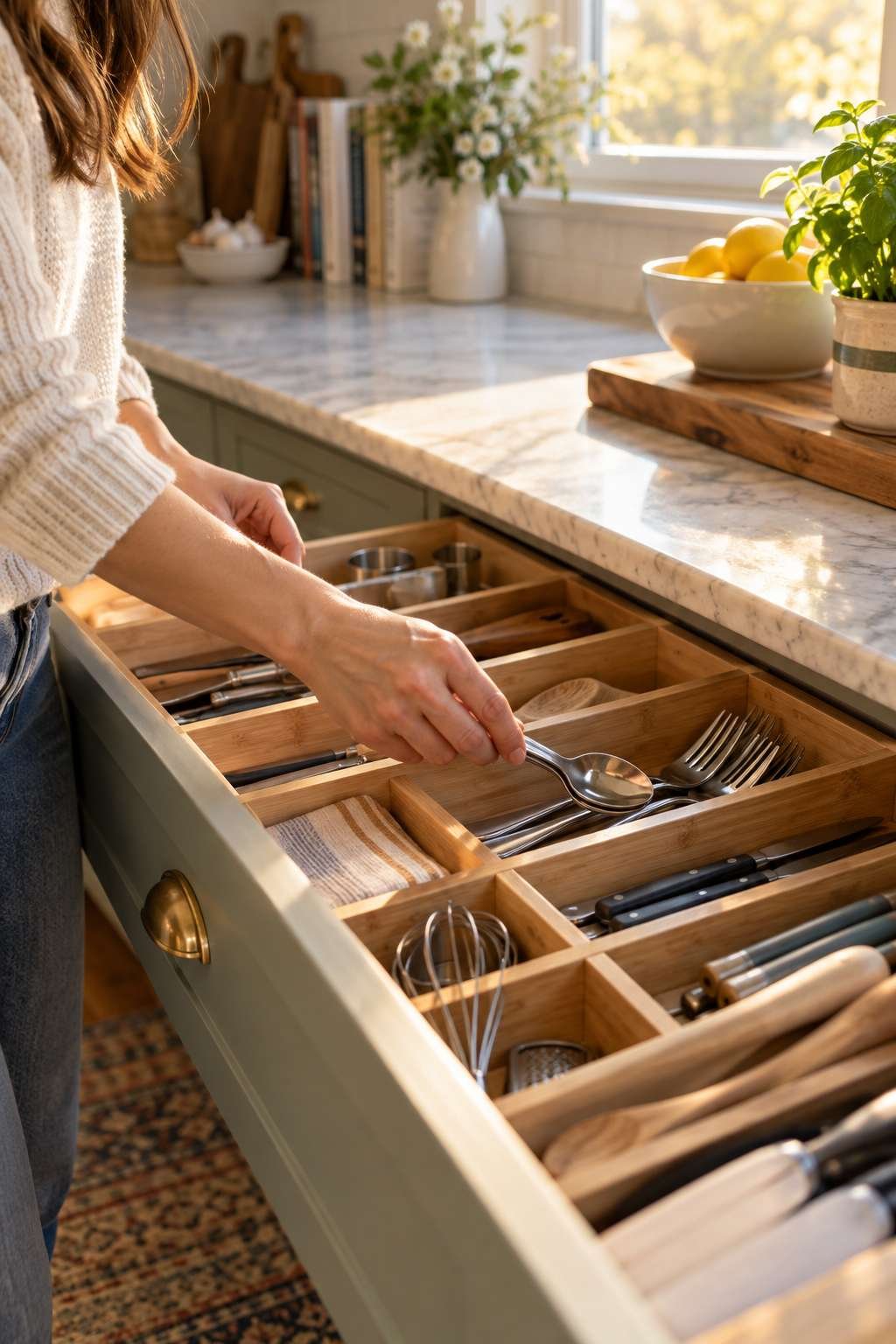 Hand resetting an organized kitchen drawer during a weekly maintenance check