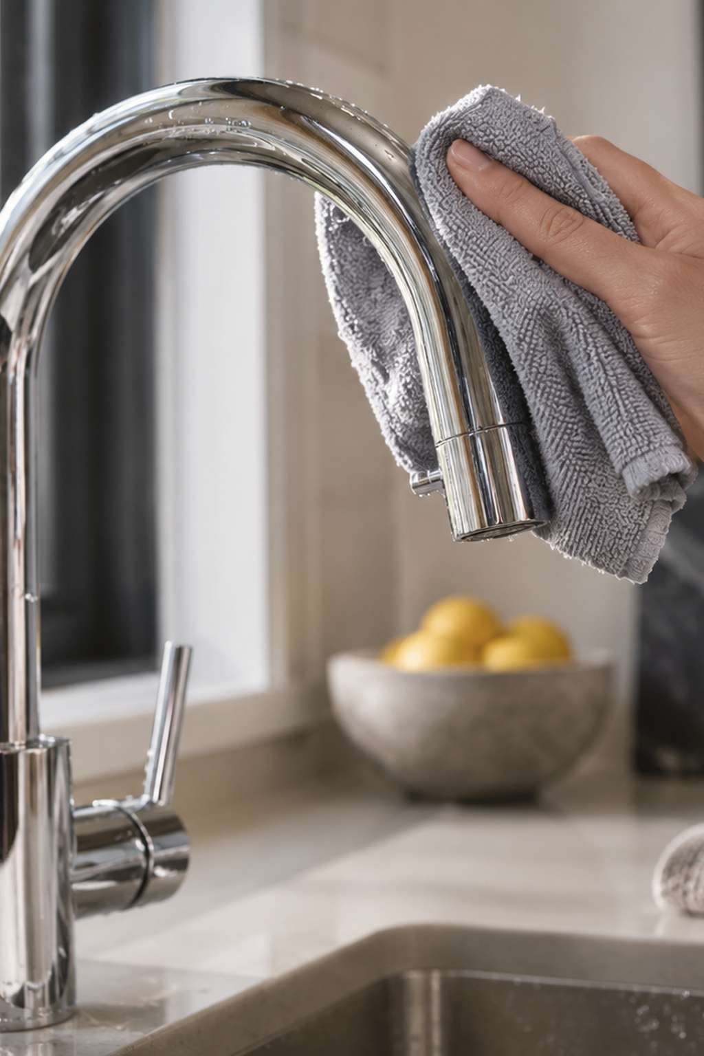 Hand cleaning a polished chrome kitchen faucet with a soft cloth