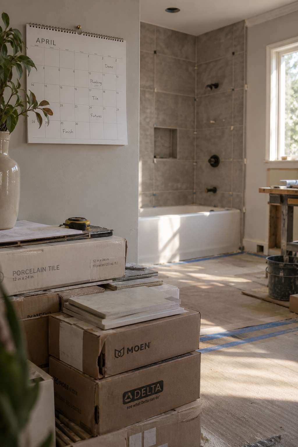 Renovation calendar and materials staged for a planned bathroom remodel timeline