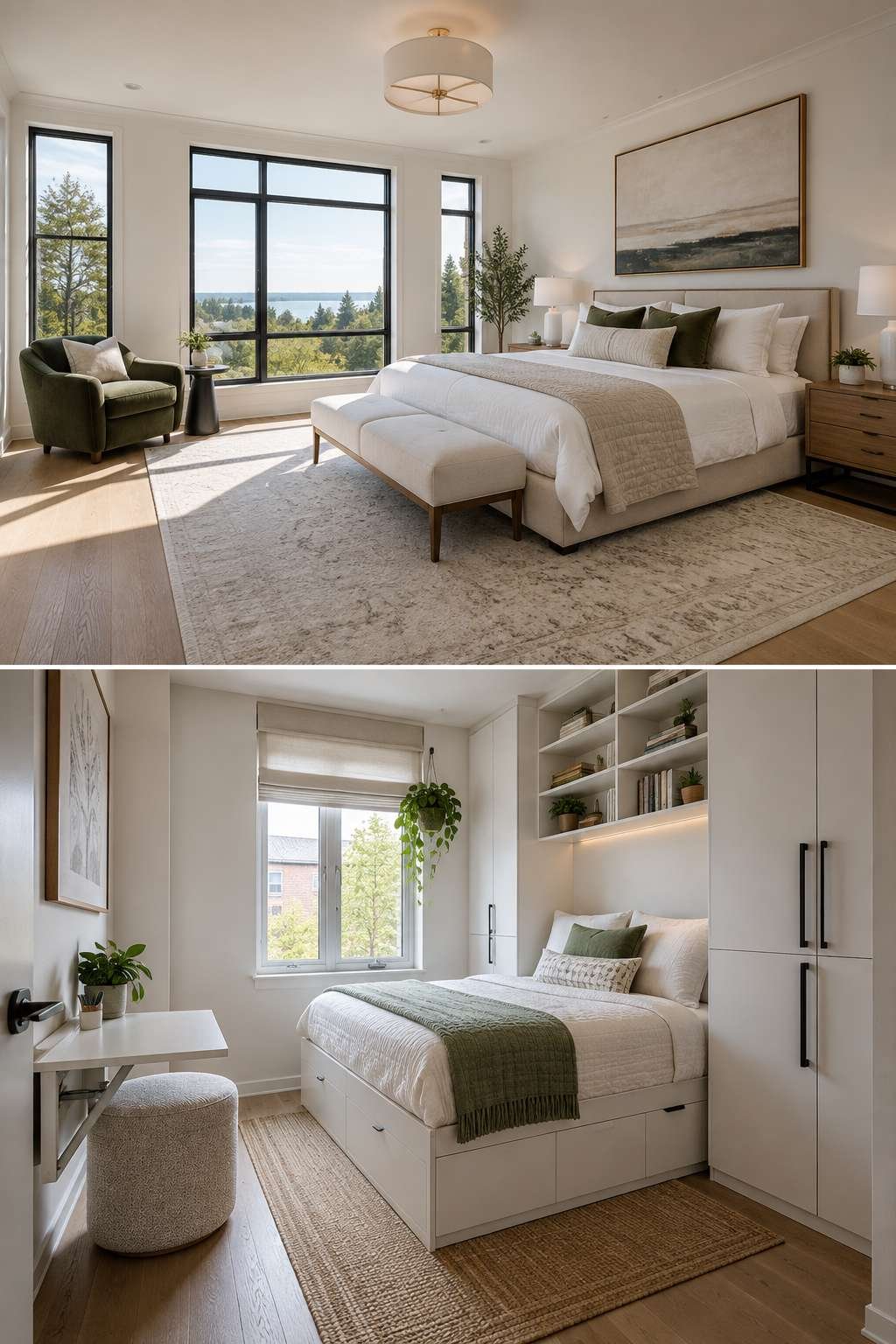 Comparison of bedroom layouts adapted for spacious and compact room sizes