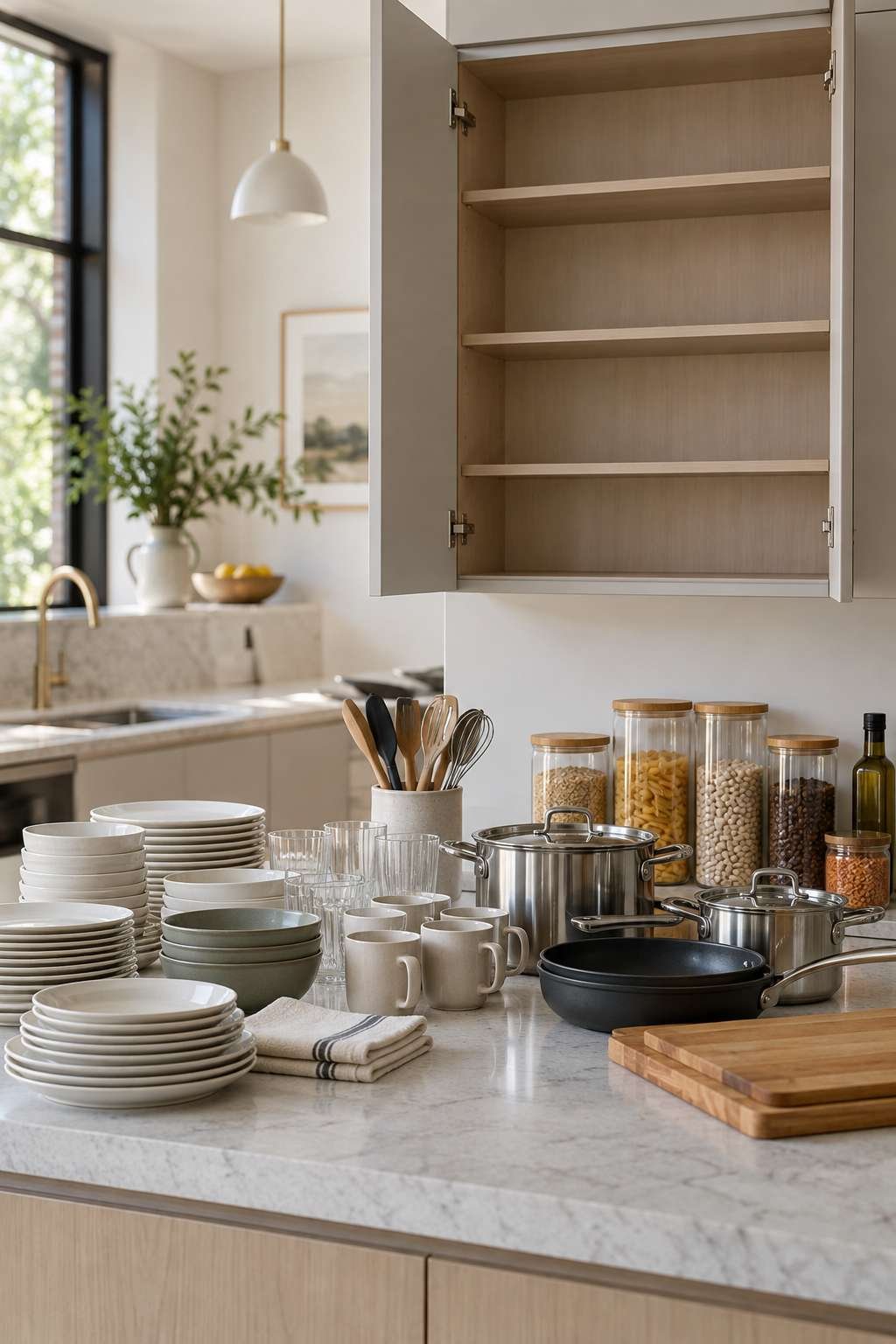 Tidy organized kitchen with closed cupboards and a restock notepad on the counter