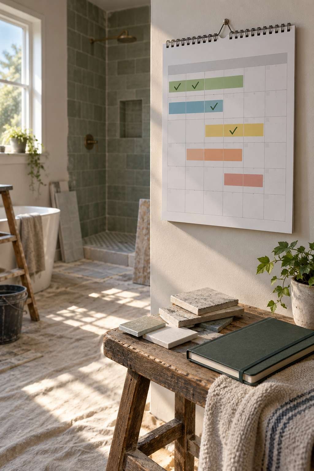 Wall calendar marking bathroom remodel milestones beside budget notes and tile samples