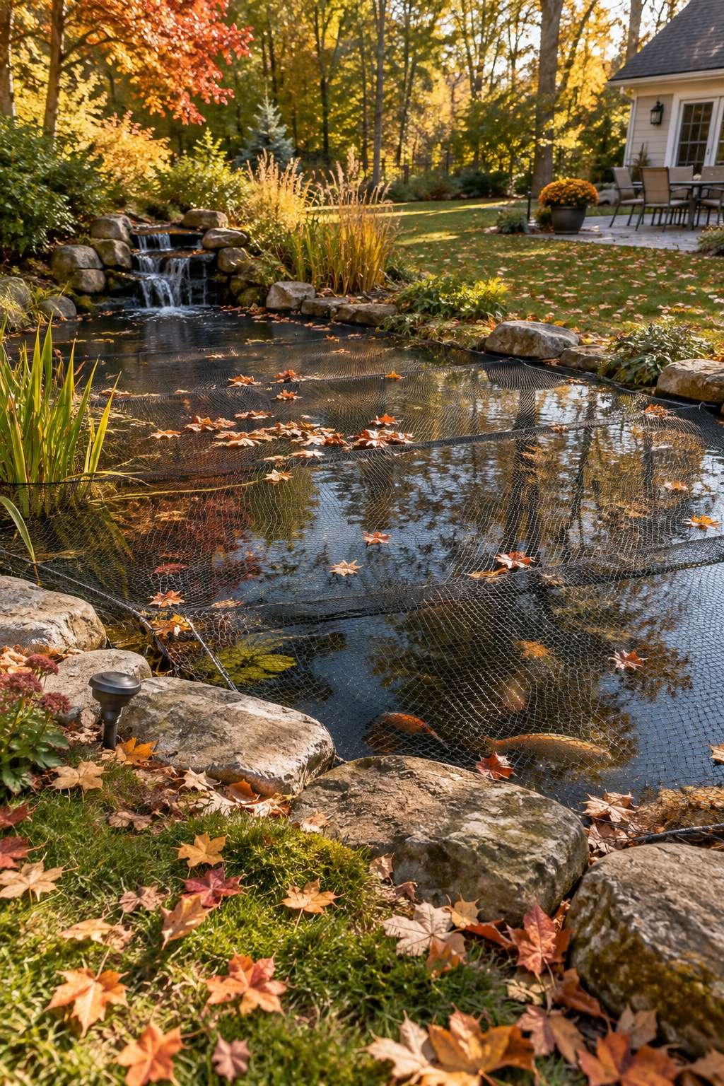 Autumn backyard pond covered with a protective leaf net for maintenance