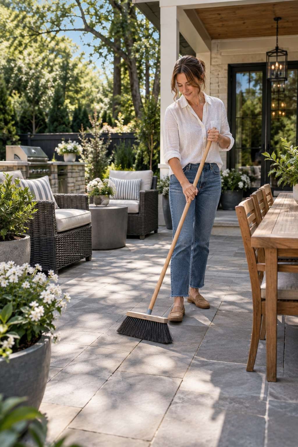 Homeowner sweeping a finished patio furnished with teak table and wicker chairs