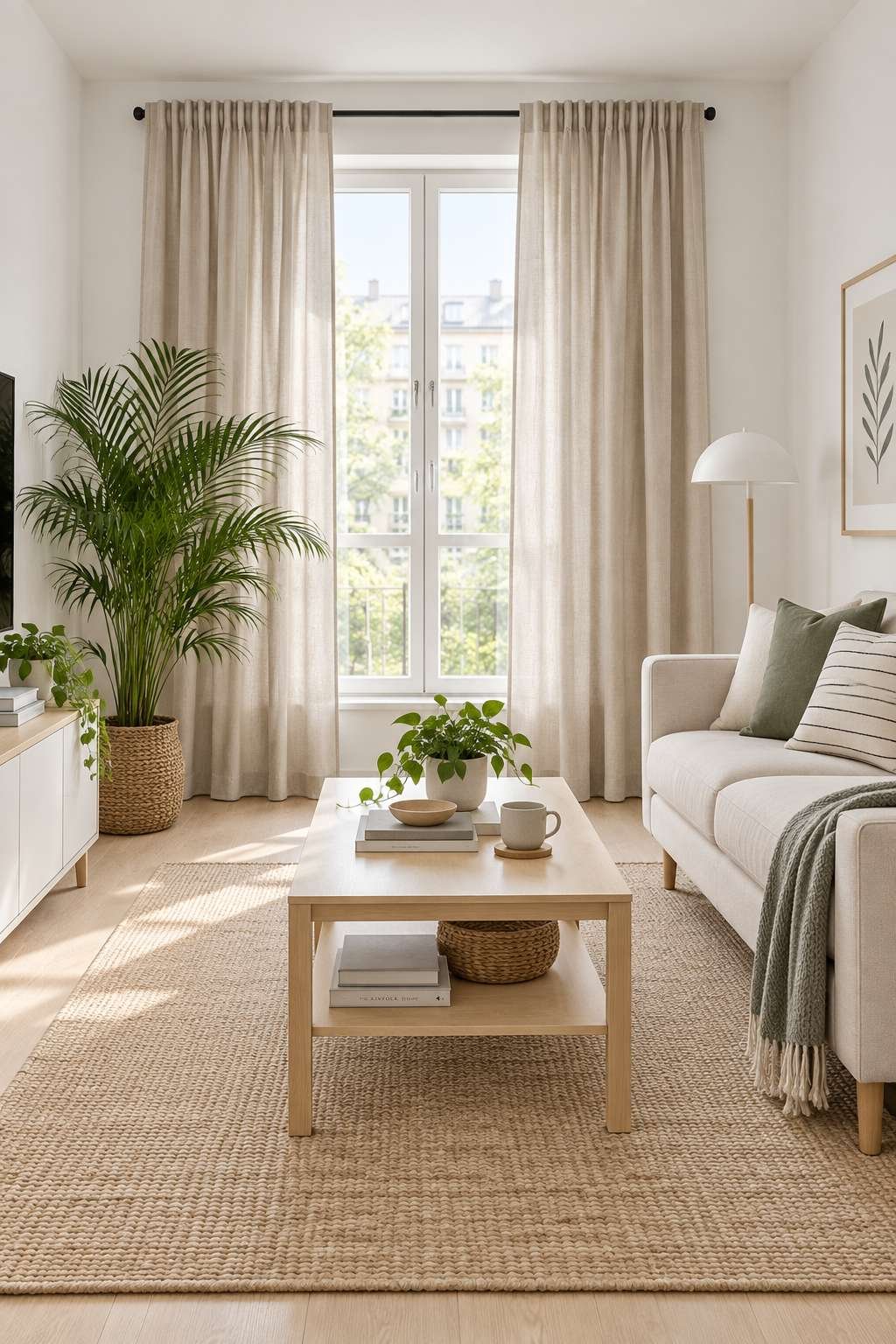 Budget-friendly ready-made curtain panels in a simple bright living room