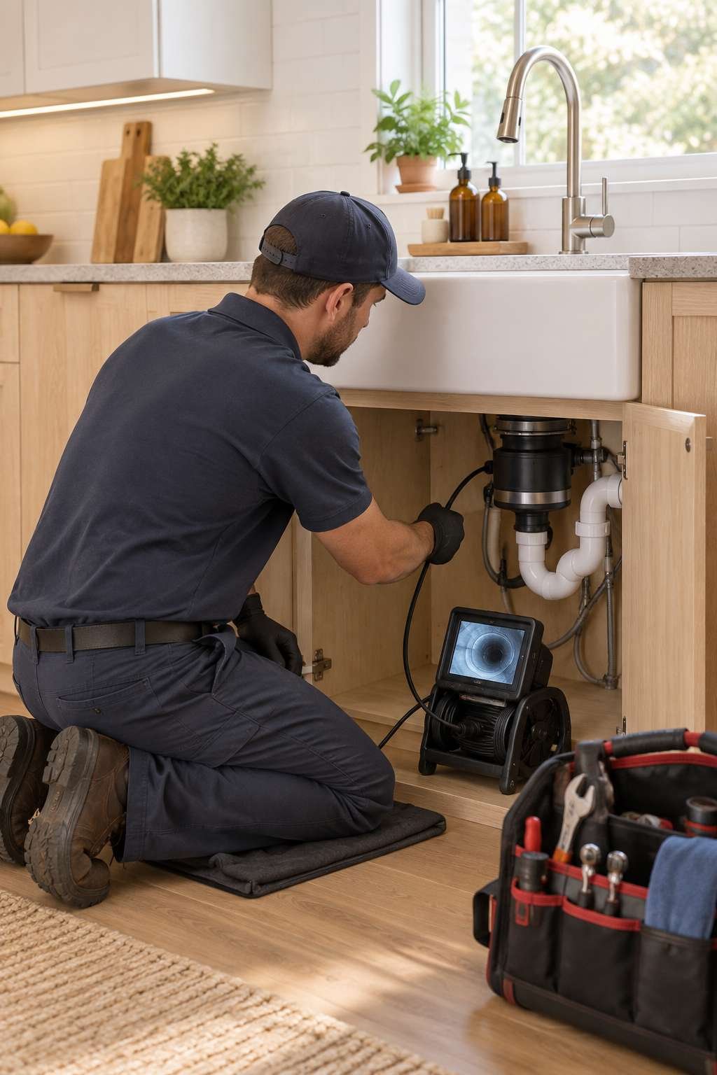 Professional plumber inspecting a kitchen sink for a recurring clog issue