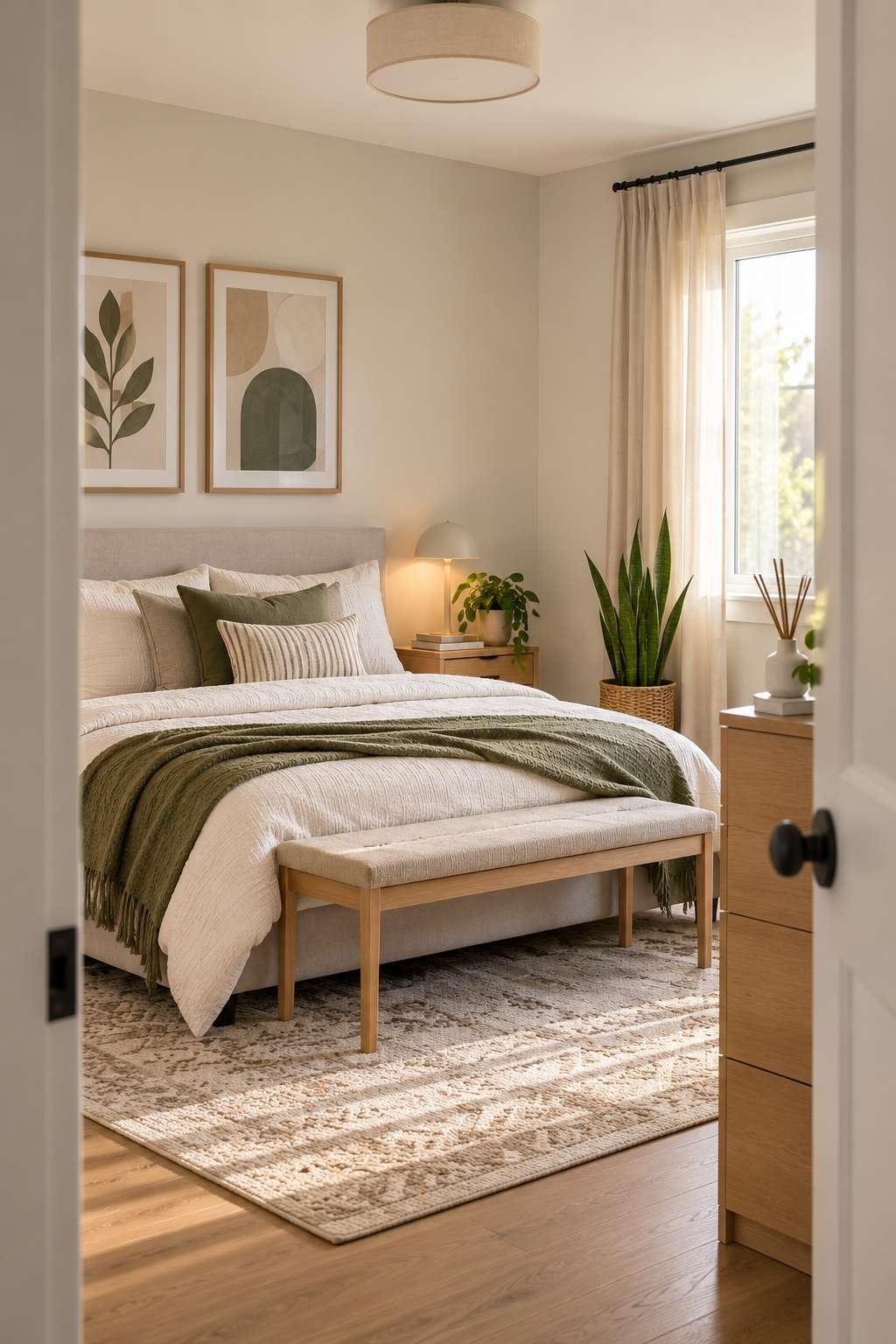 Finished bedroom decorating with greenery and warm final touches