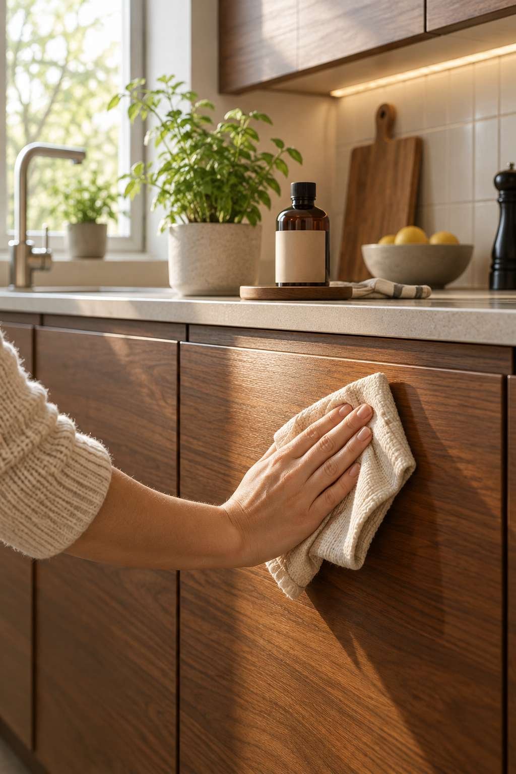 Buffing a wood kitchen cabinet with a dry cloth for a polished finish