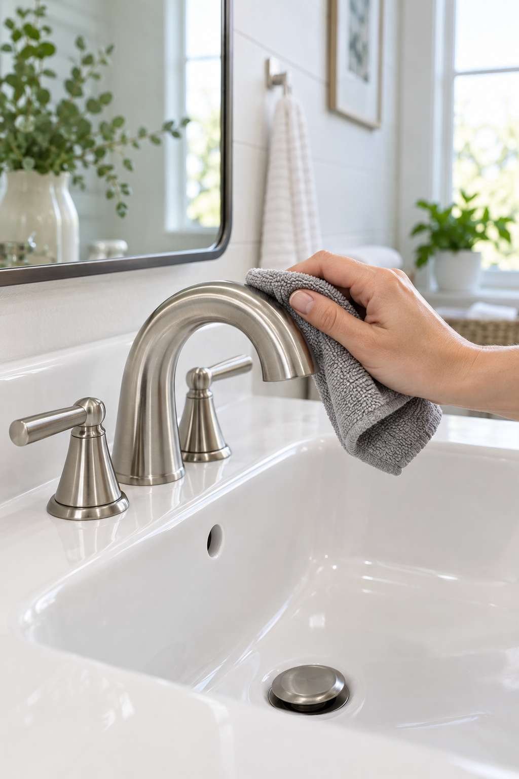 Wiping down a bathroom faucet as part of routine maintenance