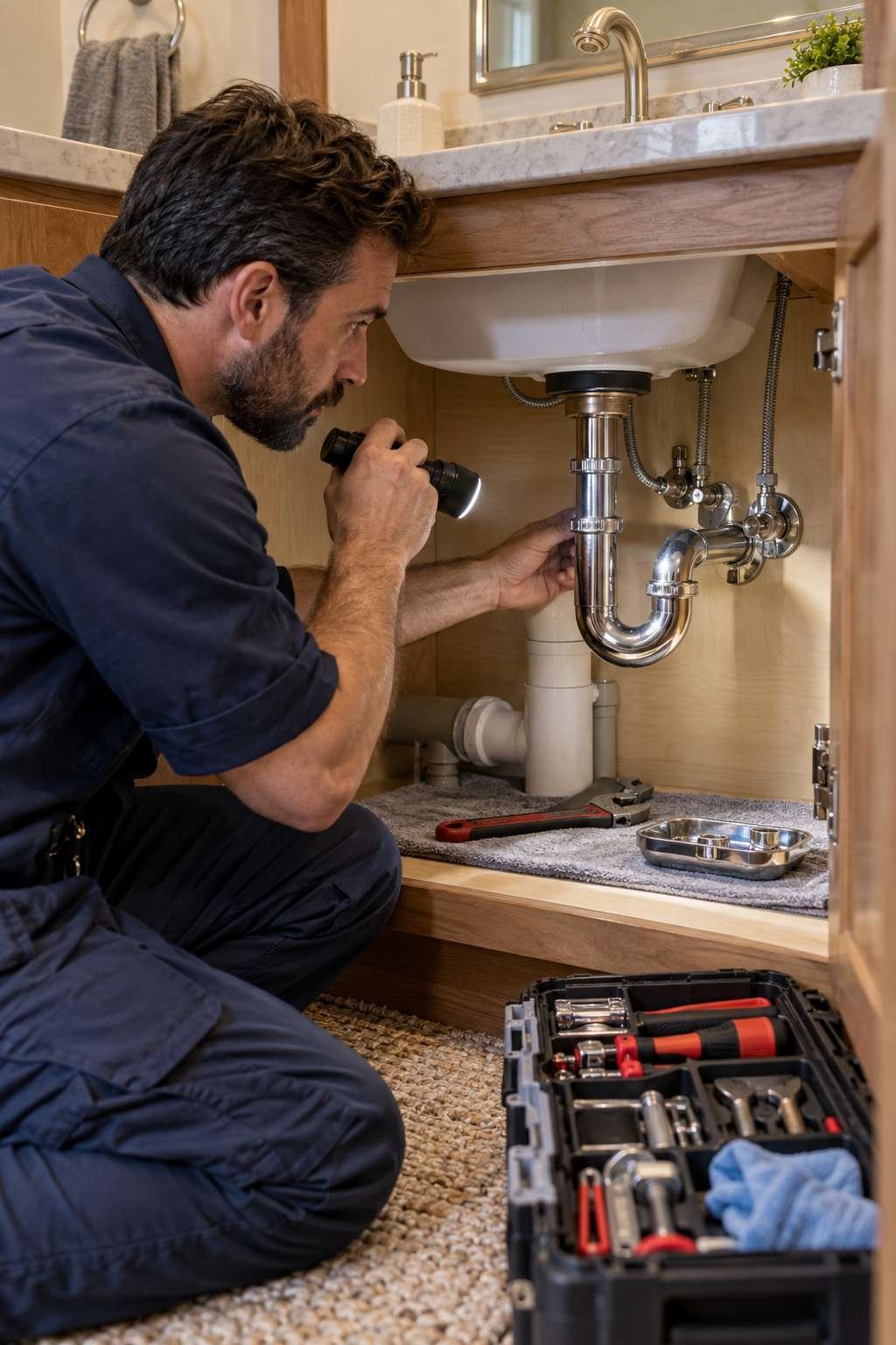 Plumber inspecting a bathroom sink drain for a deeper issue