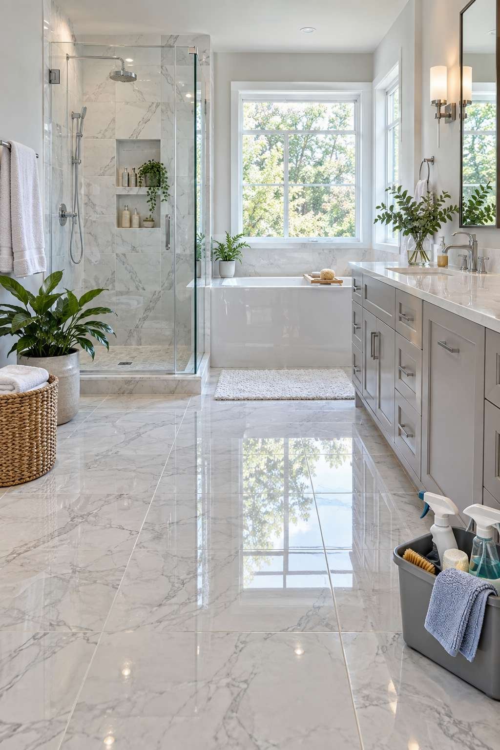 Freshly deep-cleaned bathroom with spotless tile floor and walls