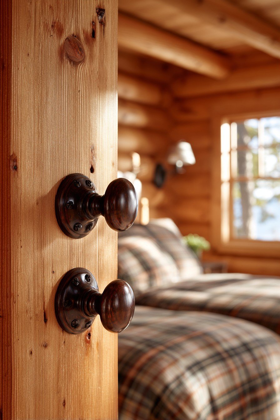 Knotty pine bedroom door with bronze knob opening to a log cabin bedroom with beamed ceiling