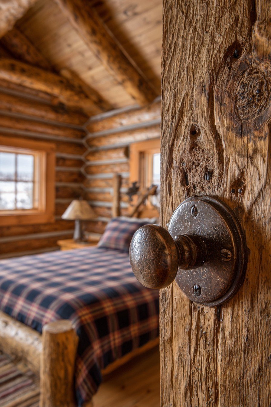 Knotty pine bedroom door with bronze knob opening to a log cabin bedroom with beamed ceiling