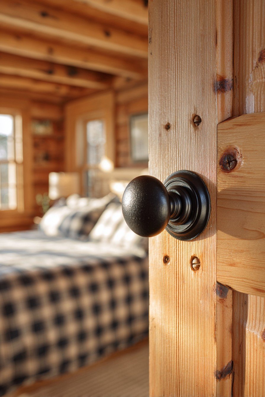 Knotty pine bedroom door with bronze knob opening to a log cabin bedroom with beamed ceiling