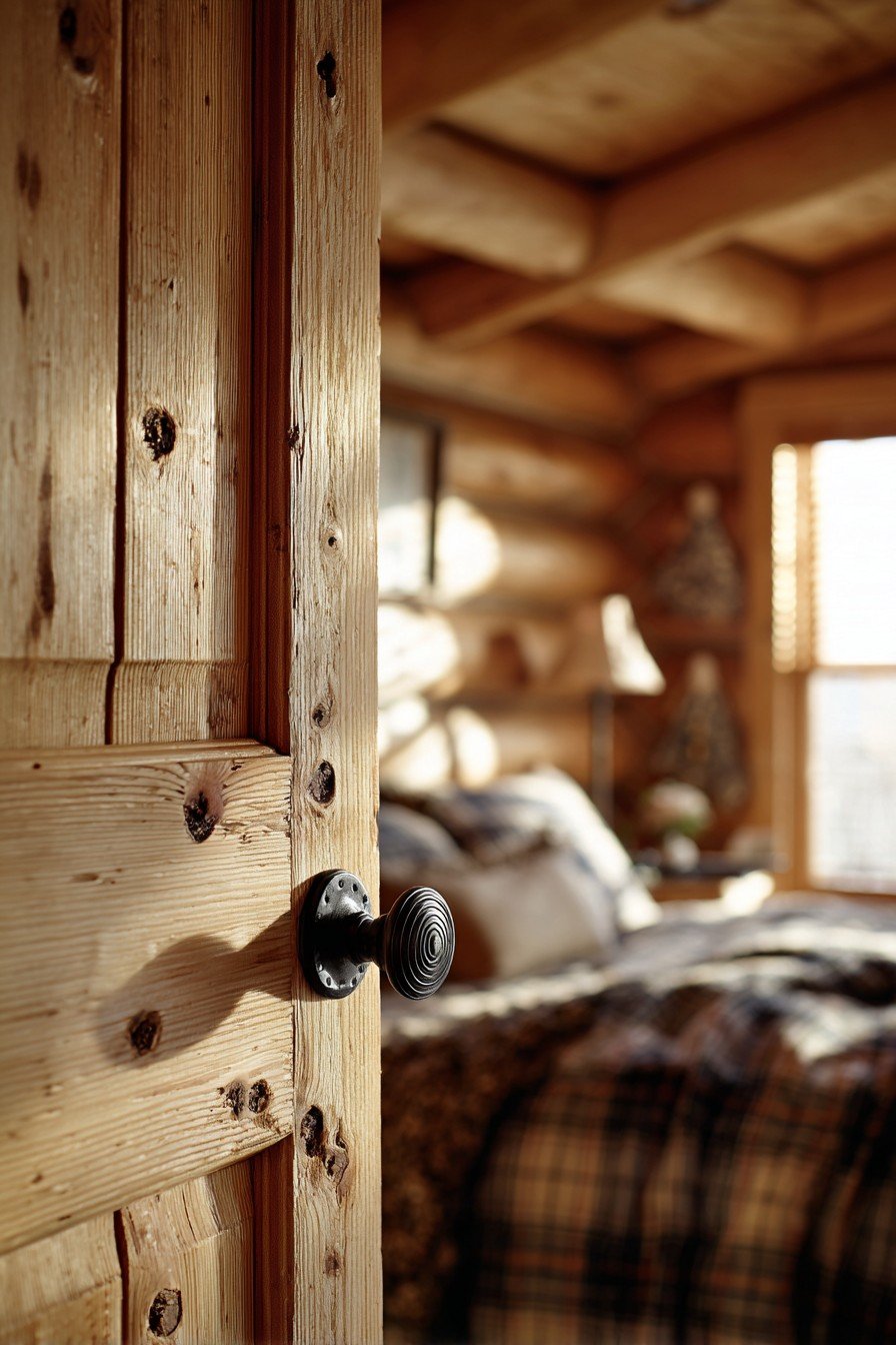 Knotty pine bedroom door with bronze knob opening to a log cabin bedroom with beamed ceiling