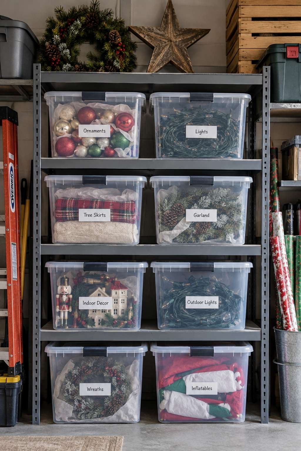 Labeled bins storing Christmas decorations after the season