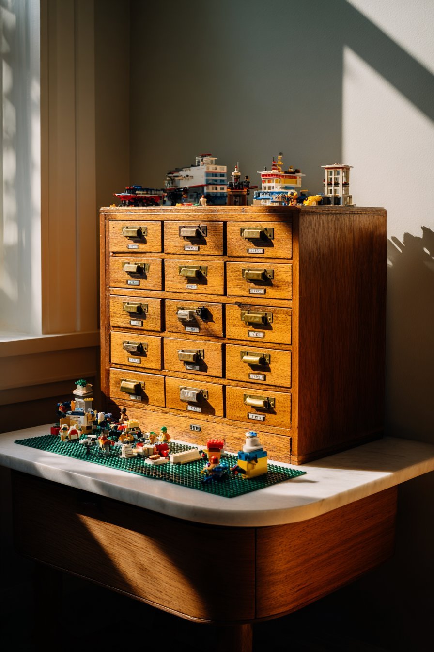 Honey oak 30-drawer cabinet with brass label holders on a table with a green baseplate and mini builds on top