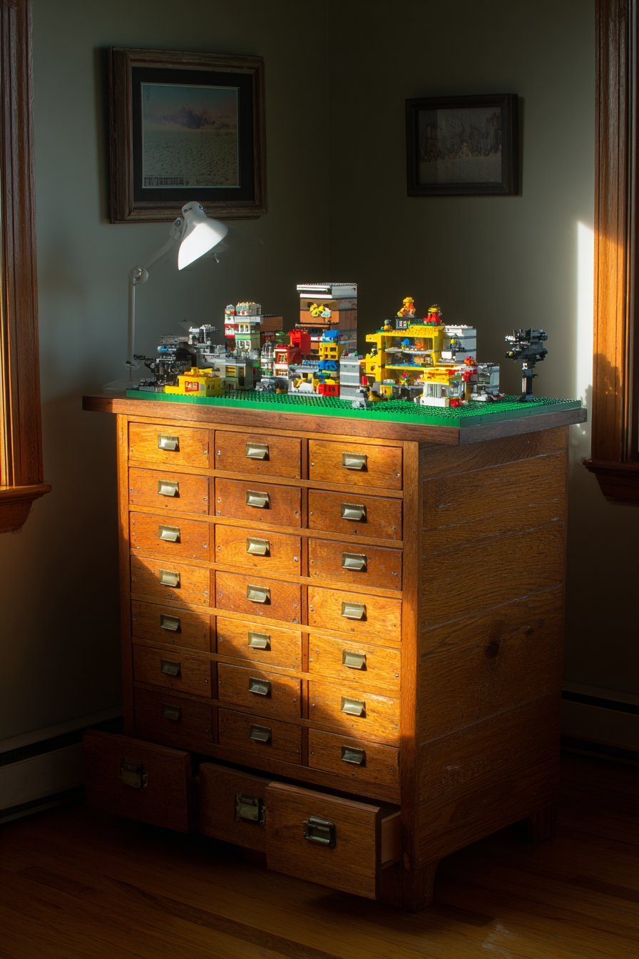 Honey oak 30-drawer cabinet with brass label holders on a table with a green baseplate and mini builds on top