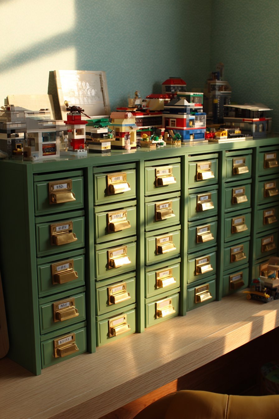 Honey oak 30-drawer cabinet with brass label holders on a table with a green baseplate and mini builds on top