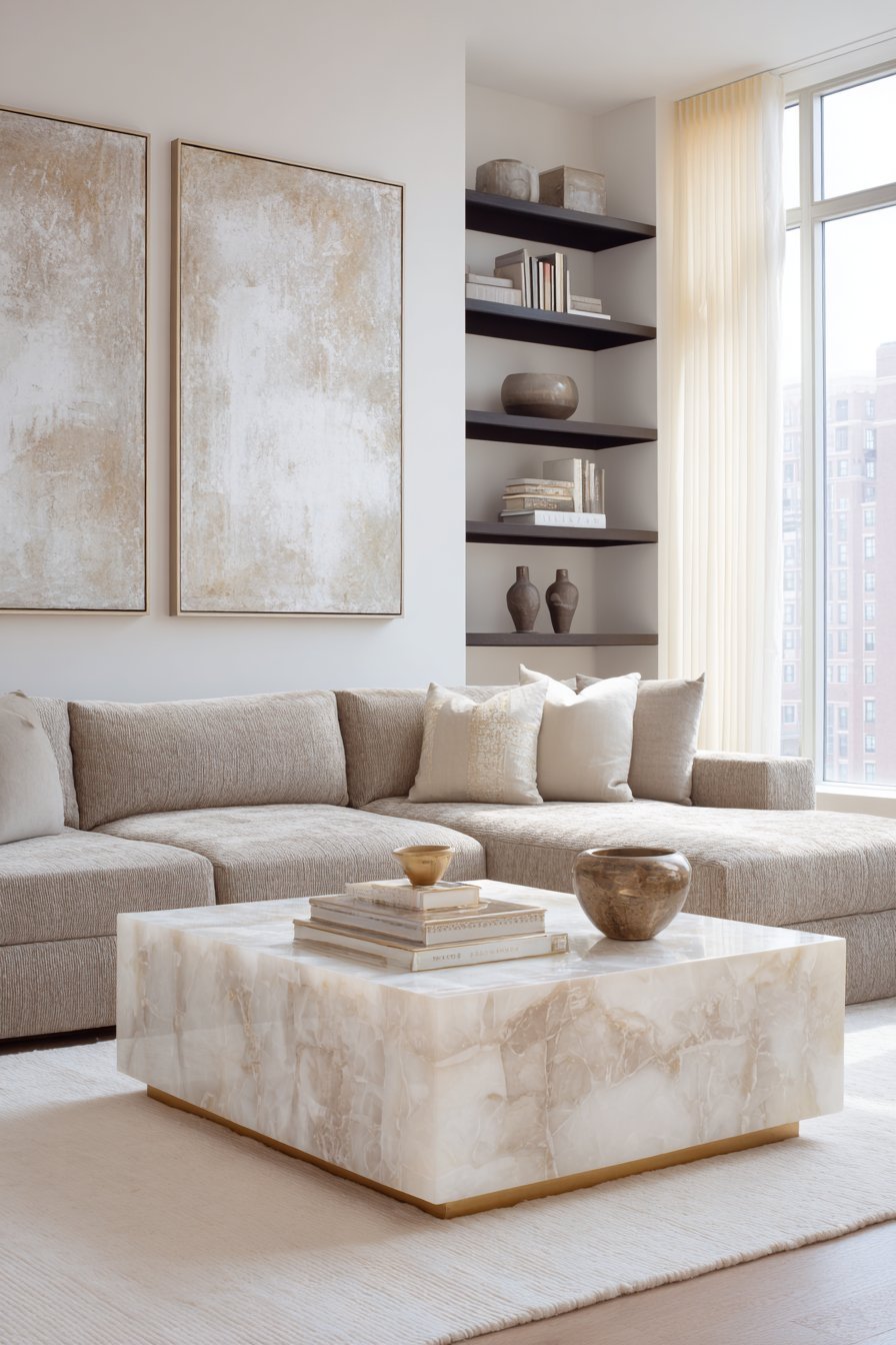 Neutral living room with beige and grey abstract triptych above a taupe bouclé modular sofa