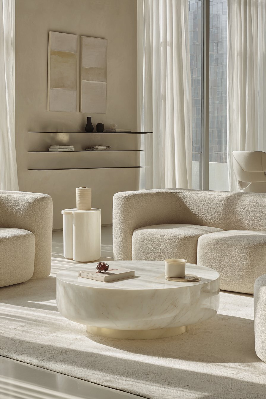 Neutral living room with beige and grey abstract triptych above a taupe bouclé modular sofa