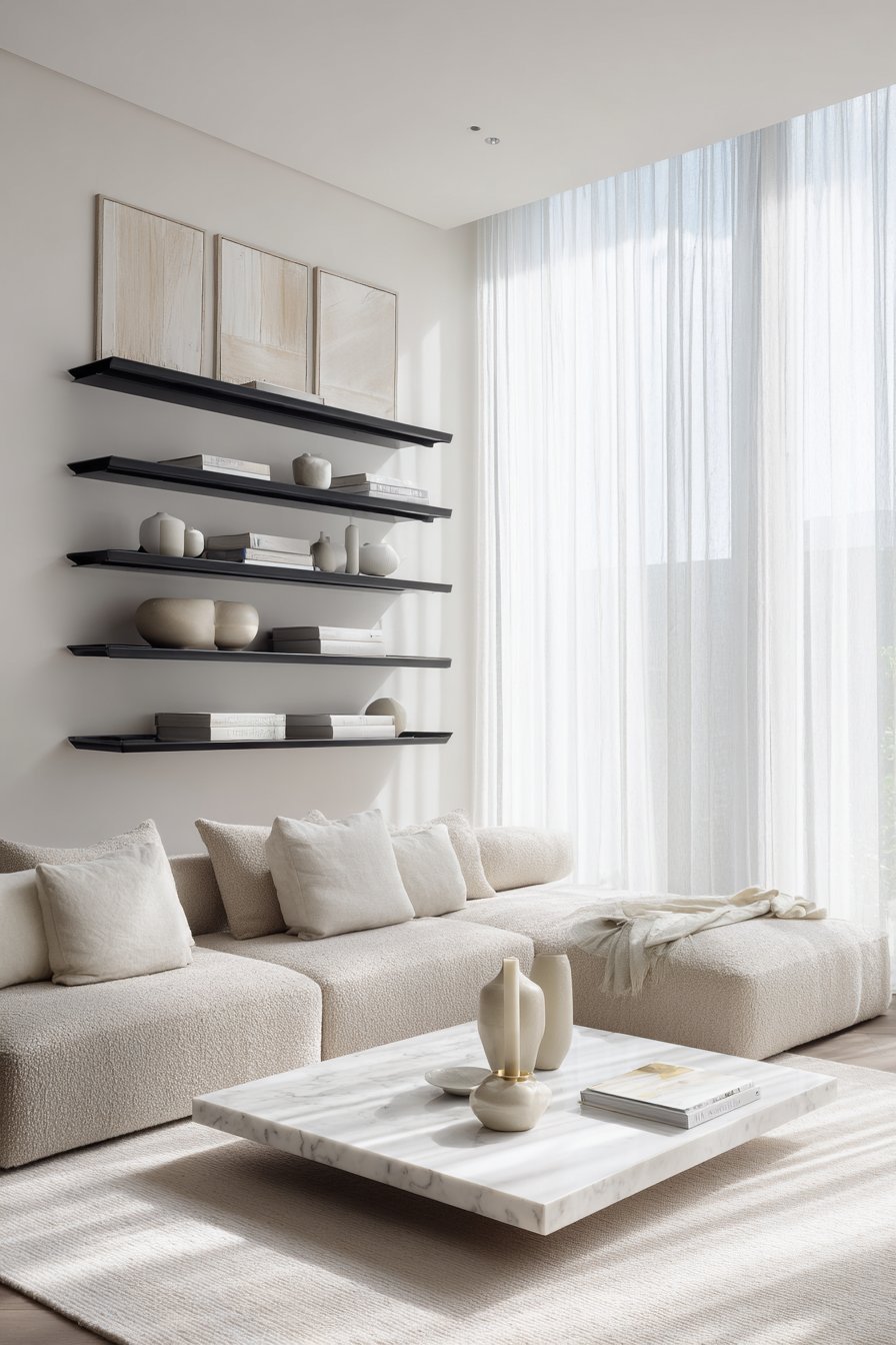 Neutral living room with beige and grey abstract triptych above a taupe bouclé modular sofa
