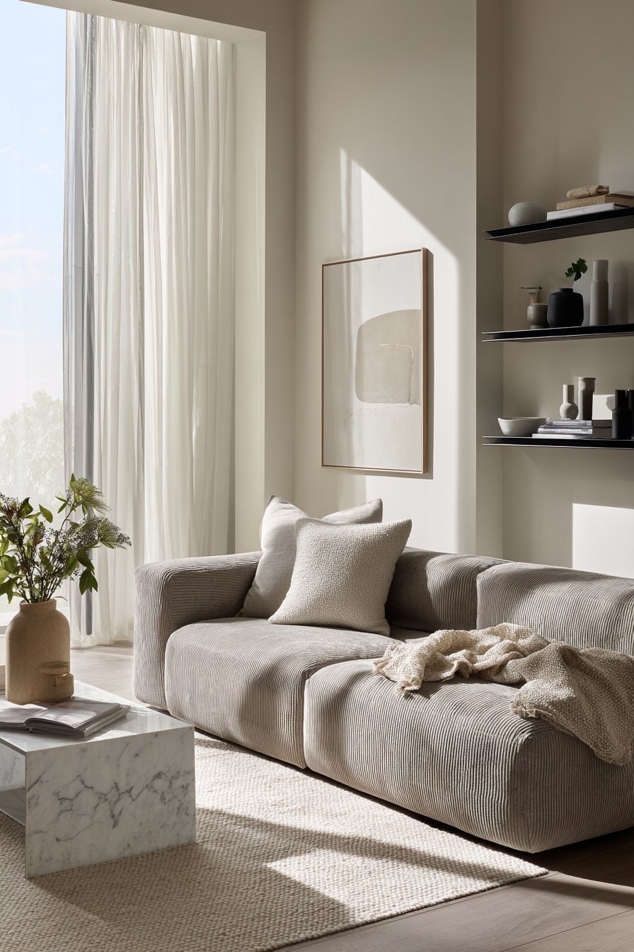 Neutral living room with beige and grey abstract triptych above a taupe bouclé modular sofa