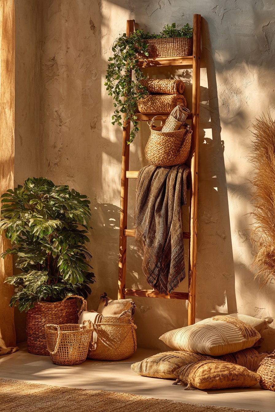 Vintage wooden ladder leaning on a plaster wall holding woven baskets, rolled throws and hanging plants