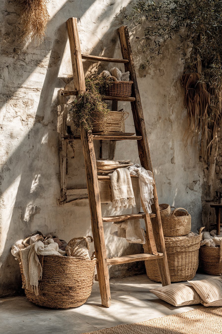 Vintage wooden ladder leaning on a plaster wall holding woven baskets, rolled throws and hanging plants