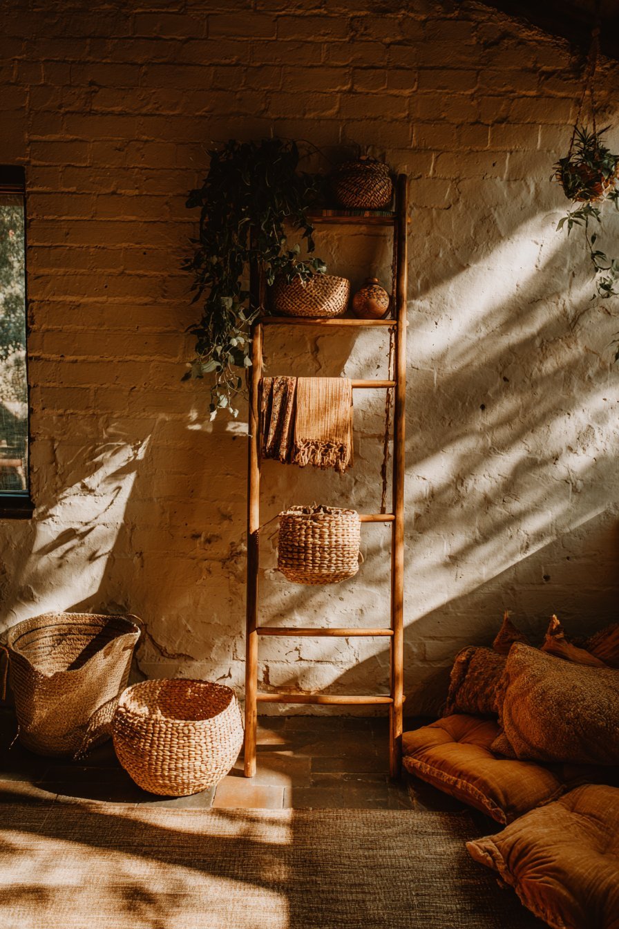 Vintage wooden ladder leaning on a plaster wall holding woven baskets, rolled throws and hanging plants